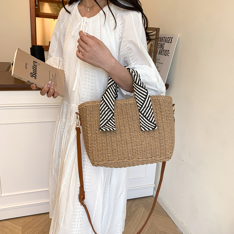 New single-shoulder handbag, straw woven bag, tote bag, seaside vacation handbag, large capacity, versatile beach woven bag Specification drawing