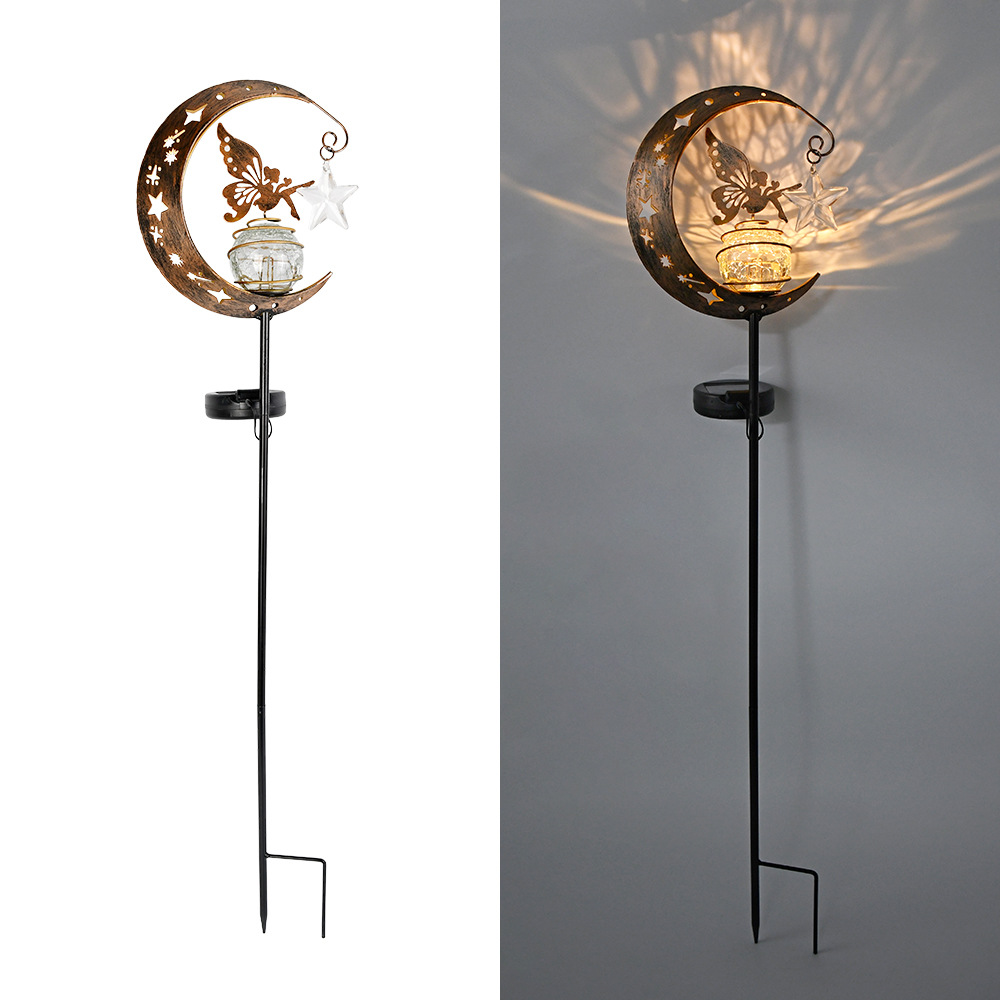 Cross-border solar outdoor moon Fairy courtyard lamp, garden landscape ground insert lamp, hollowed-out iron art fairy projection lamp full figure