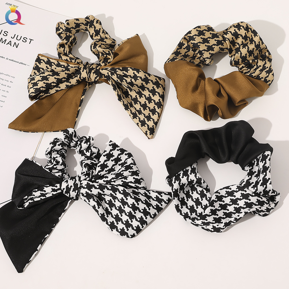 Qiyue simple checkered ribbon large intestine hair tie, sweet bow hair tie, tie ponytail hair tie headwear for women Application Scenario