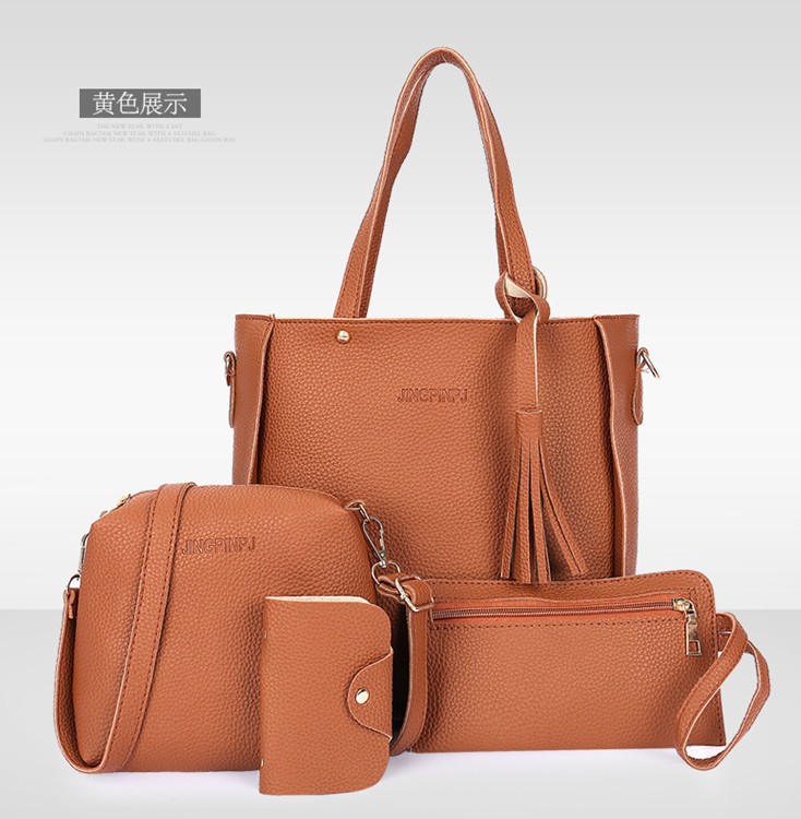 2023 Chaozi Mu Bag Four-piece Set, New Korean-style bucket tassel single-shoulder bag, handbag, women's bag, large bag, crossbody bag Specification drawing