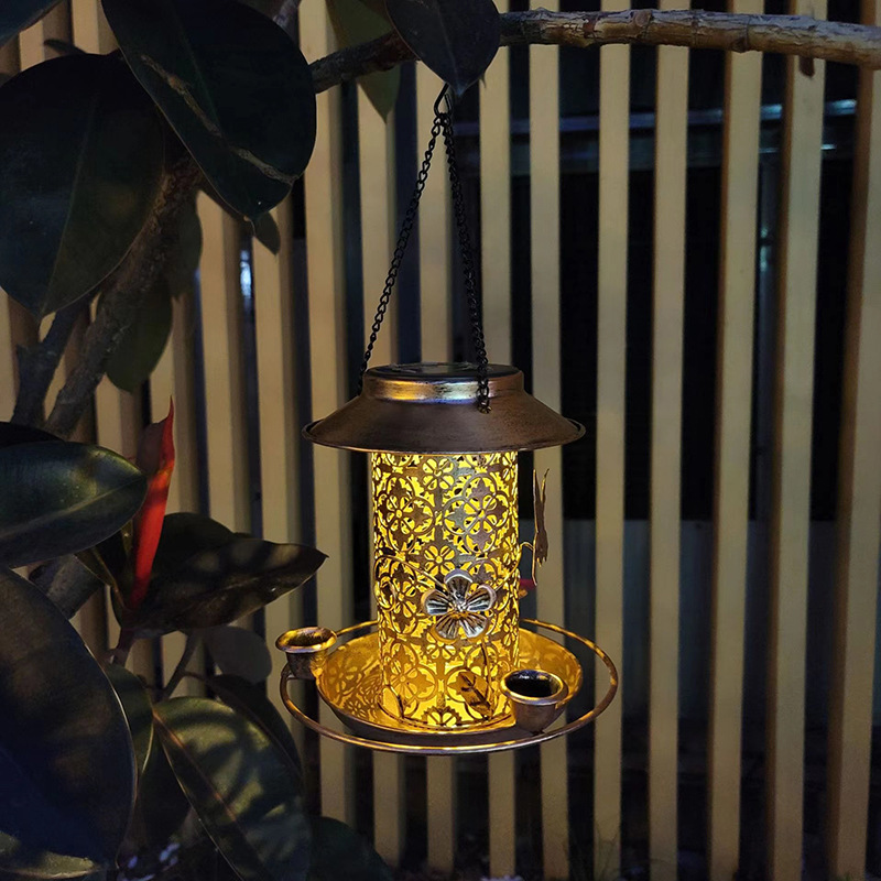 Outdoor solar lamp, metal hanging bird feeder, dual-purpose bird feeder for feeding and watering, courtyard lawn decorative lamp details Picture