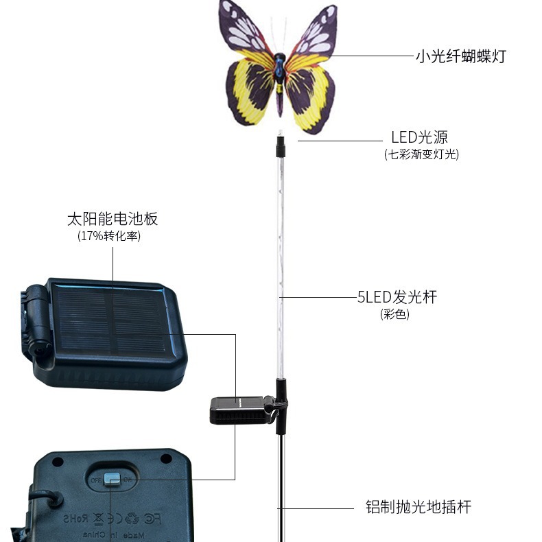 Fiber optic butterfly lights, cross-border solar outdoor garden lights, led colored lawn lights, acrylic lights, decorative landscape lights Specification drawing