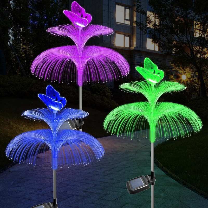 New 7-color color-changing solar ground plug light, fiber jellyfish light, acrylic rod, lawn, outdoor and courtyard decorative light full figure
