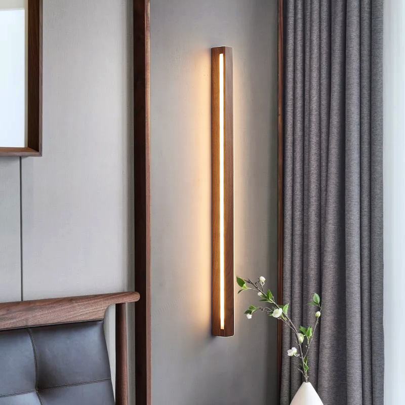Nordic black walnut wood bed head long strip wall lamp, new Chinese minimalist lamp, strip-shaped imitation solid wood corner lamp, Tmall Genie full figure