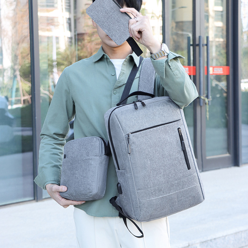 Three-piece laptop backpack, casual business men's backpack, simple solid color, large capacity student schoolbag details Picture