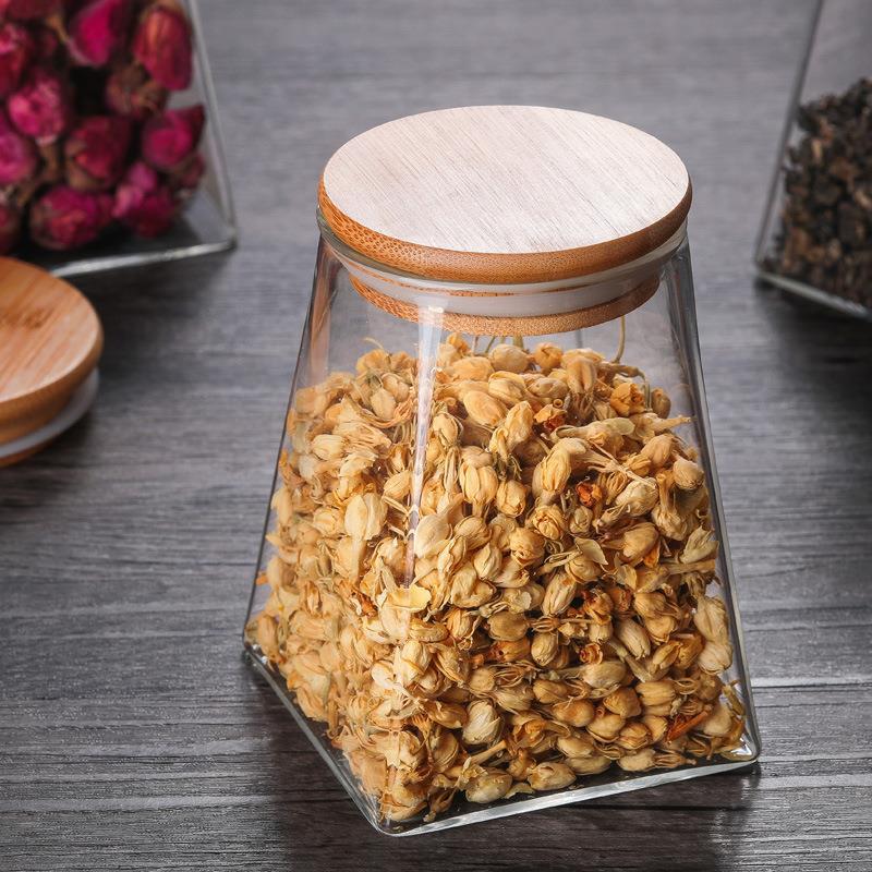 Bamboo lid large-capacity sealed tea jar for grains and cereals, household high borosilicate glass jar, square storage jar Specification drawing