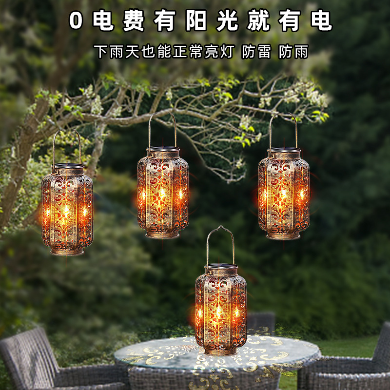 Solar-powered hexagonal projection lanterns, ironwork lamps, outdoor hanging lamps, decorative lamps, garden hanging lamps, courtyard lamps, hand-held lamps Specification drawing