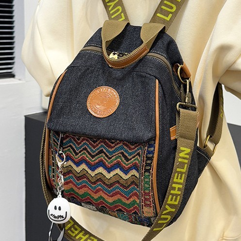 Retro ethnic style embroidered backpack, denim women's 2024 new fashion multi-purpose travel backpack, single-shoulder crossbody Specification drawing