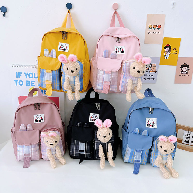 New stylish children's backpacks, Korean-style cute checkered bear backpacks for boys and girls, and adorable baby travel bags full figure