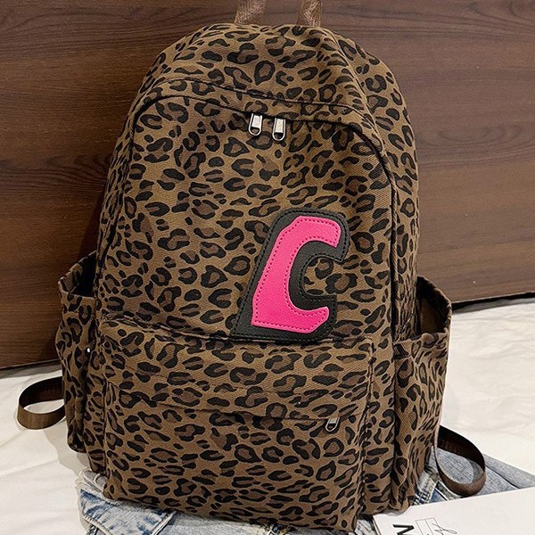 2024 New streetwear European and American hot girl fashion leopard print backpack, large-capacity casual and versatile backpack and schoolbag Specification drawing