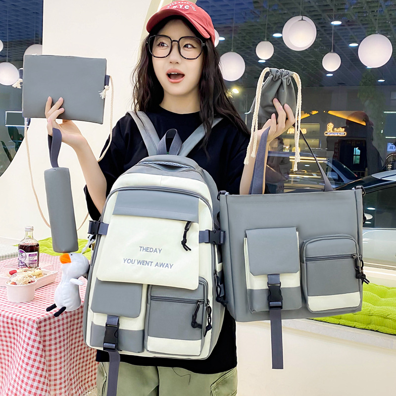ins High-appearancelevel five-piece schoolbag set, simple and trendy backpack for girls, large-capacity backpack for boys in primary and junior high school full figure