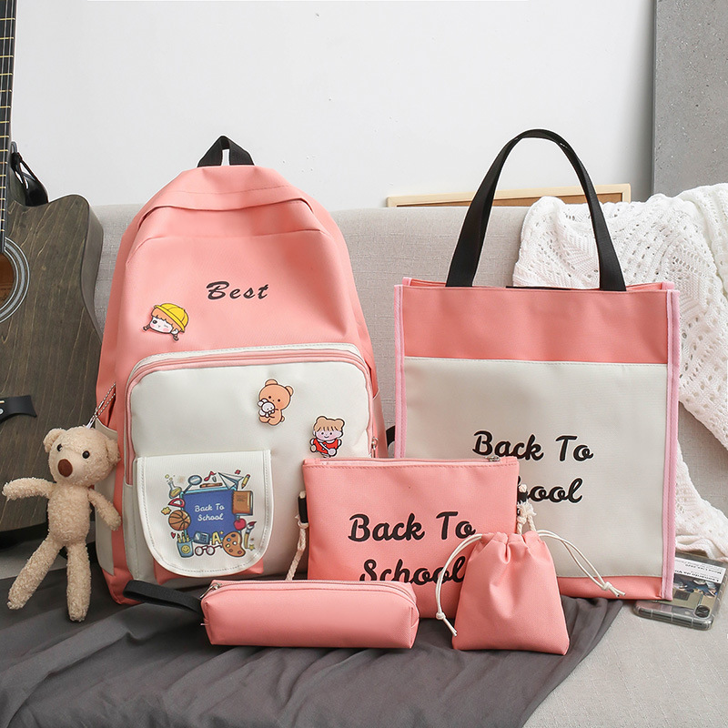 A new Korean-style cute and fresh schoolbag for girls, a five-piece set of backpacks for junior high school students, custom-made details Picture