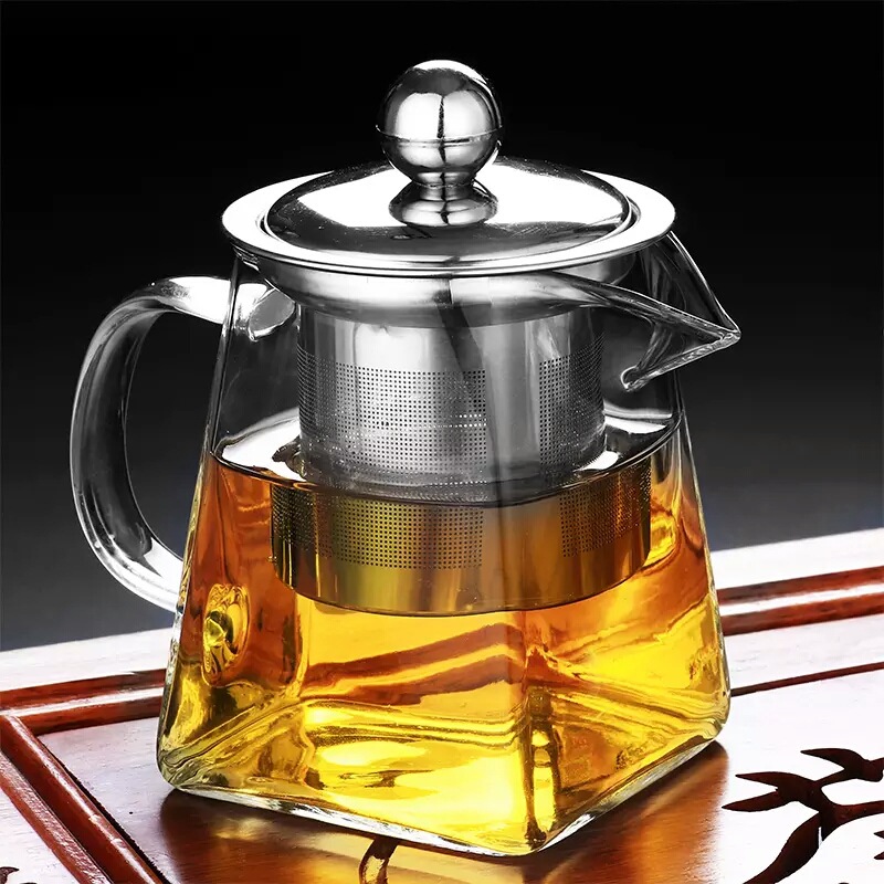 Household high borosilicate glass square flower teapot, glass tea set with stainless steel filter screen, square teapot full figure