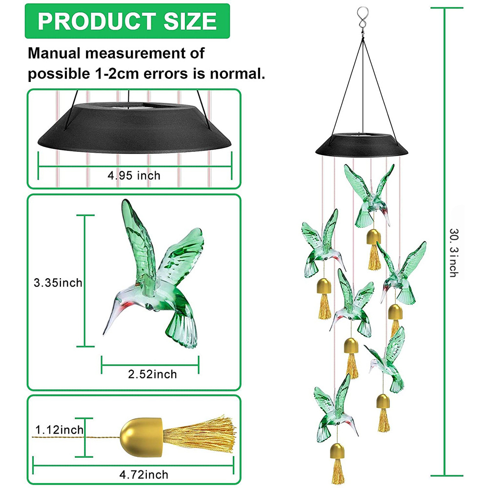 New outdoor solar wind chime metal bell LED hummingbird butterfly eva ball wind chime garden lamp decorative light full figure