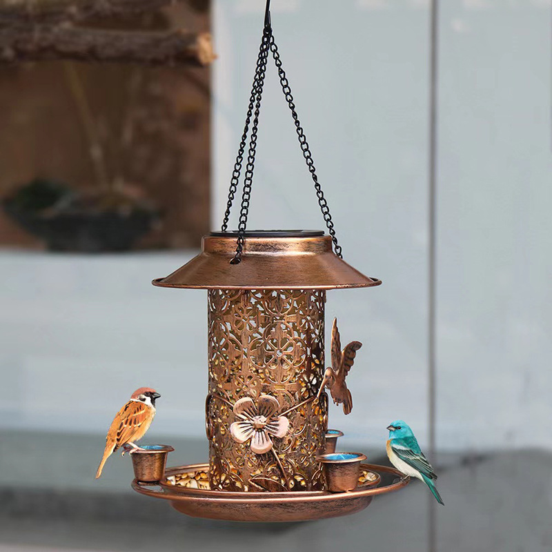Outdoor solar lamp, metal hanging bird feeder, dual-purpose bird feeder for feeding and watering, courtyard lawn decorative lamp full figure