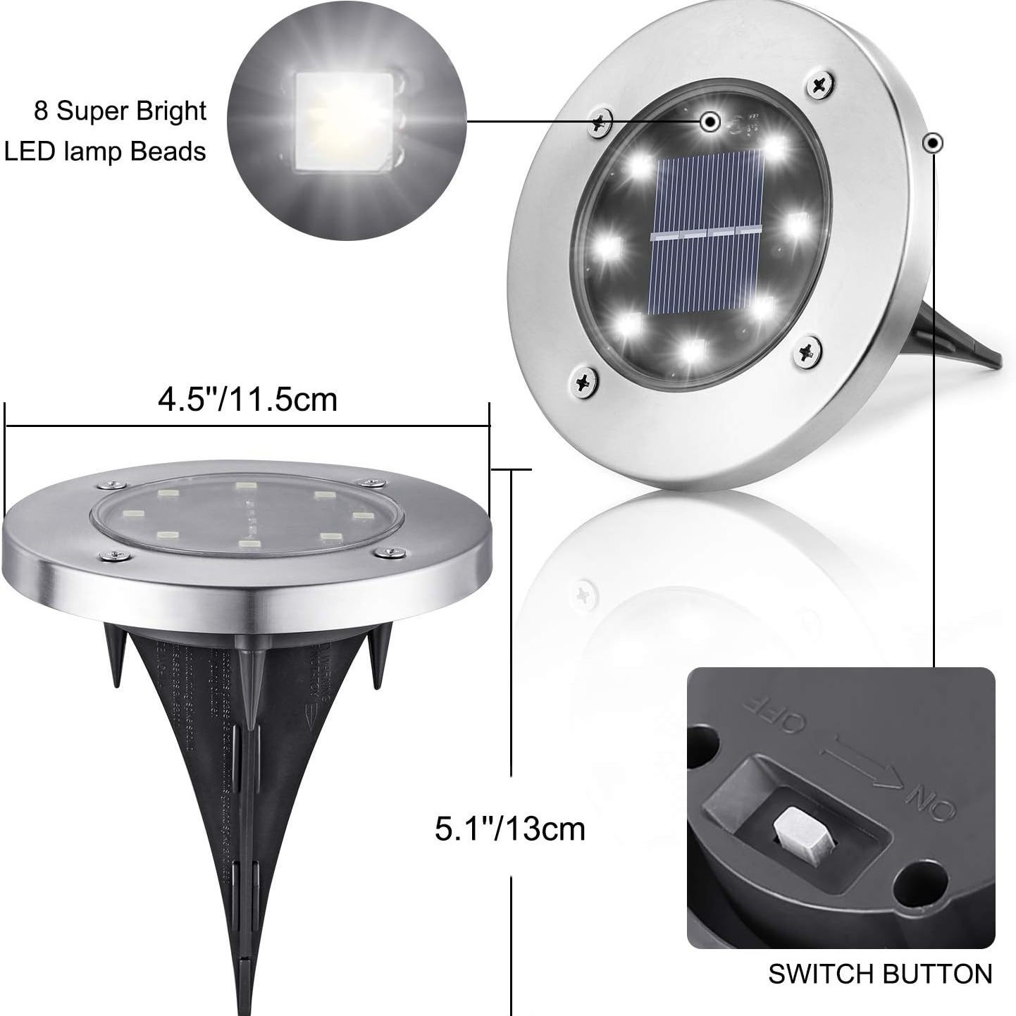 New solar-powered ground lamp 8LED stainless steel outdoor plug-in grass lamp, courtyard garden decoration villa ground lamp Item Picture