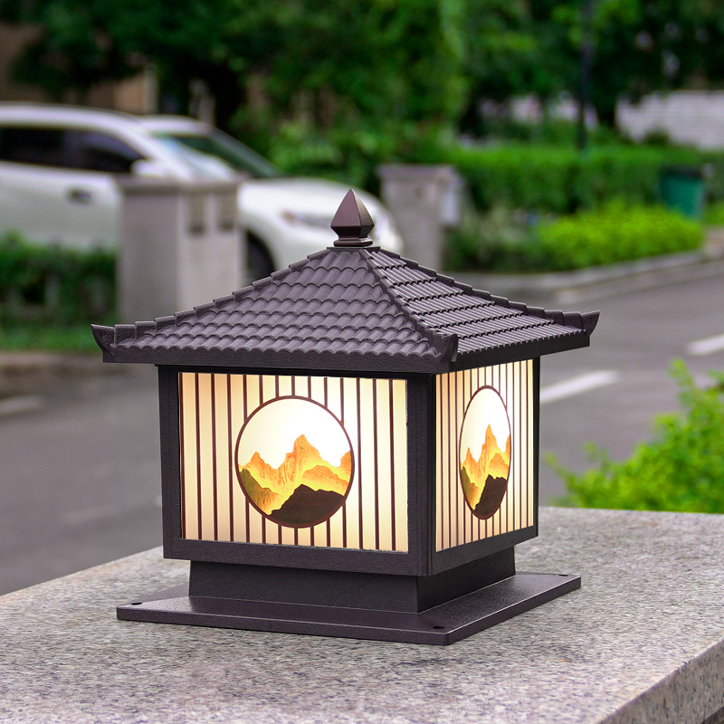 Outdoor gate column lamp, simple and waterproof, garden villa courtyard, new Chinese style, high-end feel solar column head lamp Specification drawing