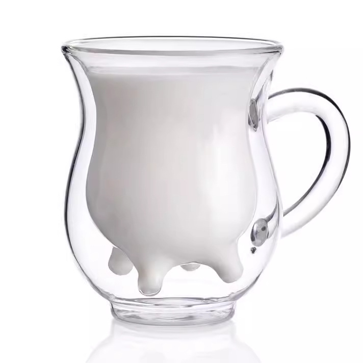 Wholesale of creative milk double-layer glass cups, heat-resistant high borosilicate mugs, handcrafted juice cups Specification drawing
