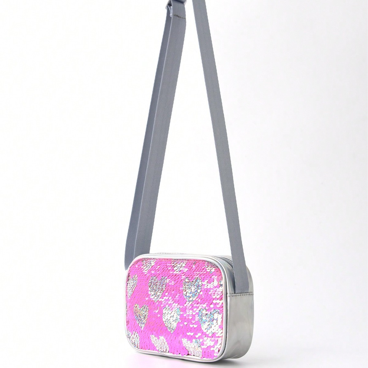Fashionable PU small square bag, Korean style trendy sequined women's bag, casual crossbody bag, cartoon heart single-shoulder small bag for women Specification drawing