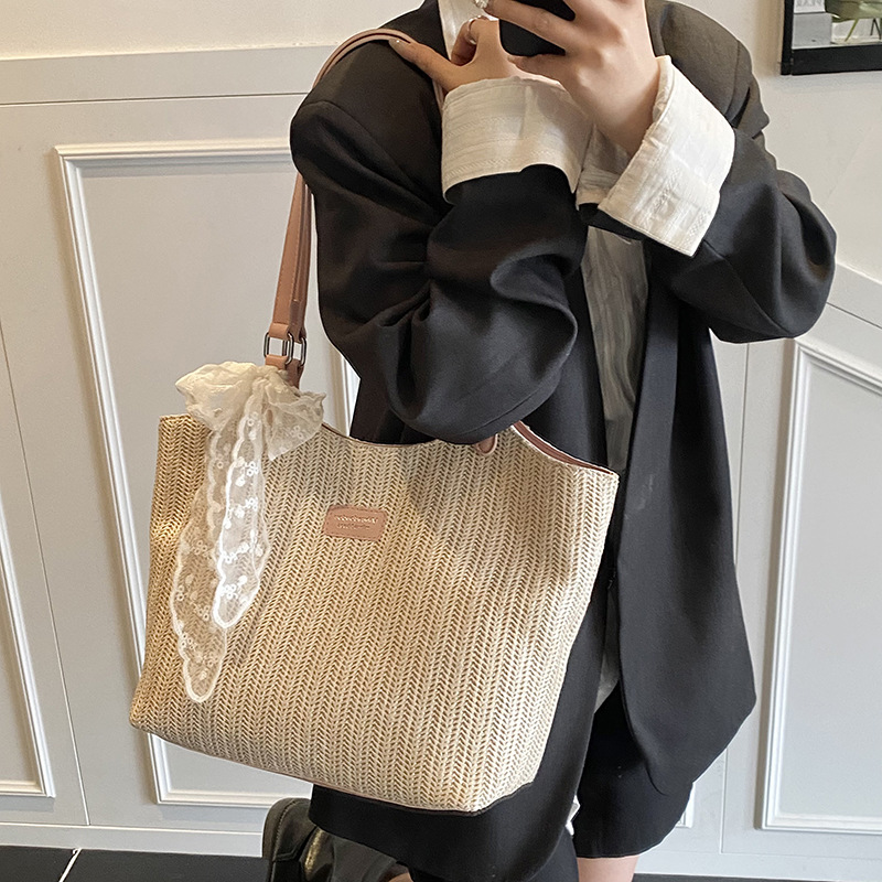 Woven straw bag for women, large capacity 2025 new summer versatile shoulder bag, textured tote bag for class and commuting Specification drawing