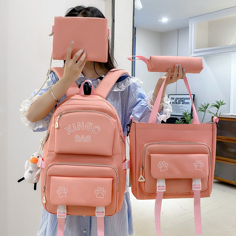 Four-piece Korean-style schoolbag for girls, solid-color printed schoolbag, simple and large-capacity backrest backpack for junior high school students details Picture