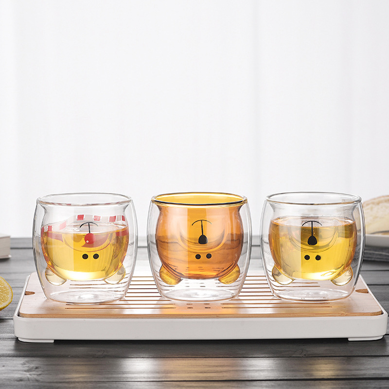 【 Customized LOGO】 Creative animal glass cups, cartoon bear double-layered cups, ins cups, cross-border water cups as gifts details Picture