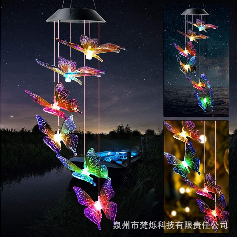 Cross-border solar wind chime lights, outdoor garden lights, butterfly seven-color hummingbird, angel decoration, rice grain white lights, landscape lights details Picture