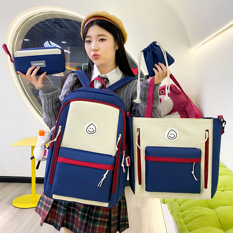 New fashionable color-blocked schoolbag, large-capacity campus backpack for junior and senior high school, simple forest-style backpack, girls' casual bag full figure