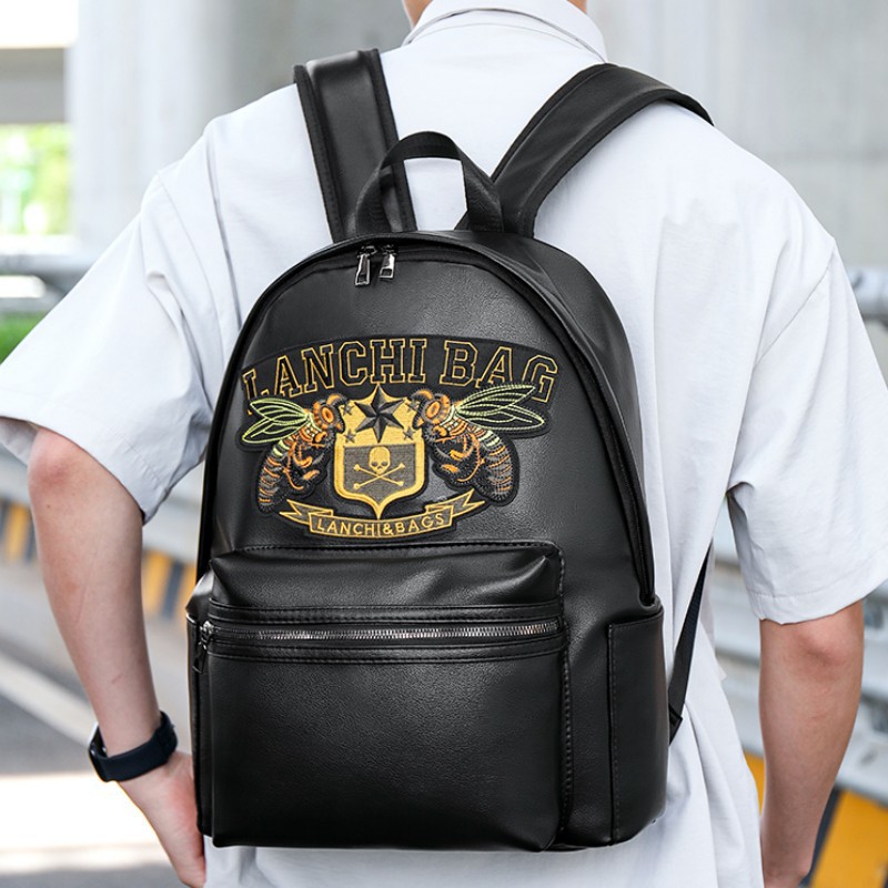 A new cross-border trendy and personalized embroidered PU backpack, a simple, casual, business, urban commuting men's computer backpack full figure