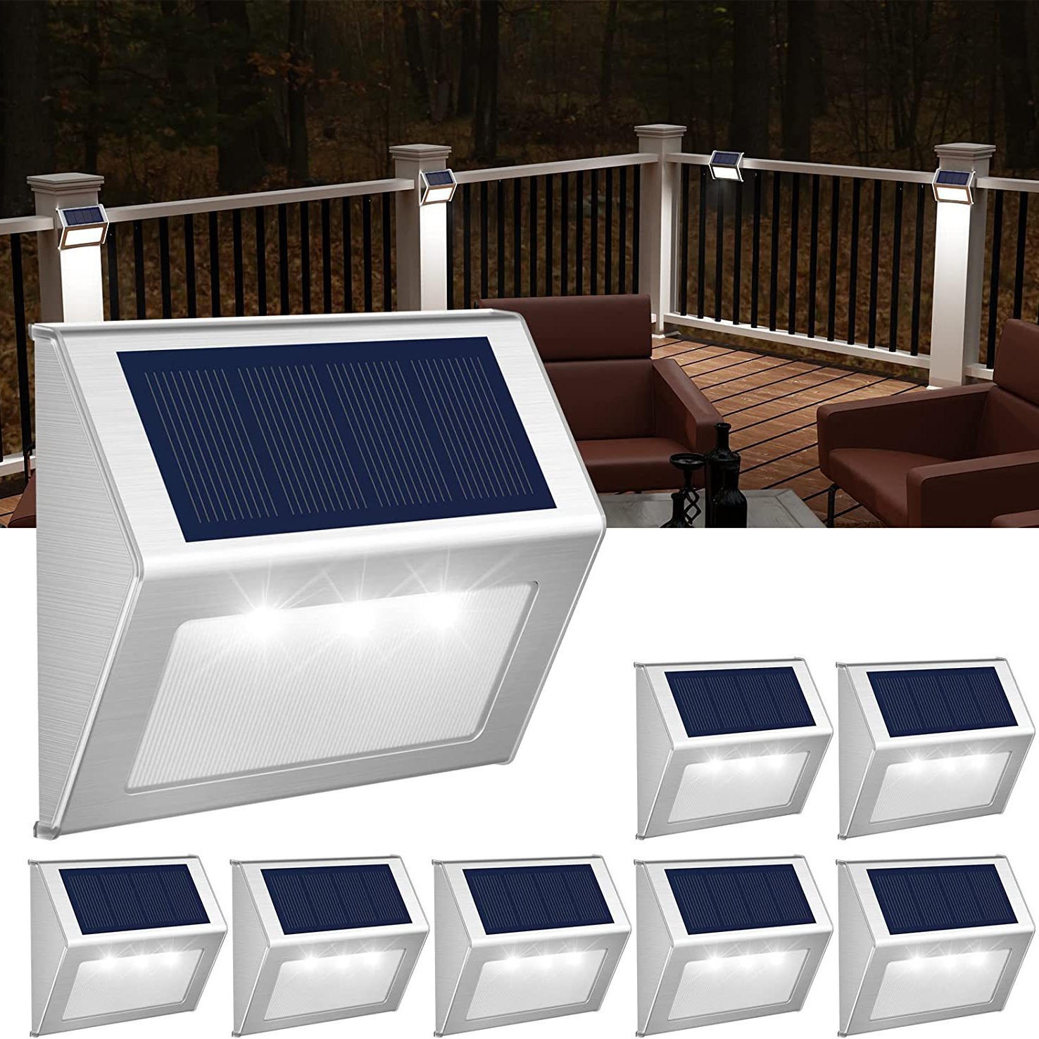 Cross-border solar staircase, stainless steel 3led staircase light, outdoor rainproof wall light, fence and fence light, night light full figure