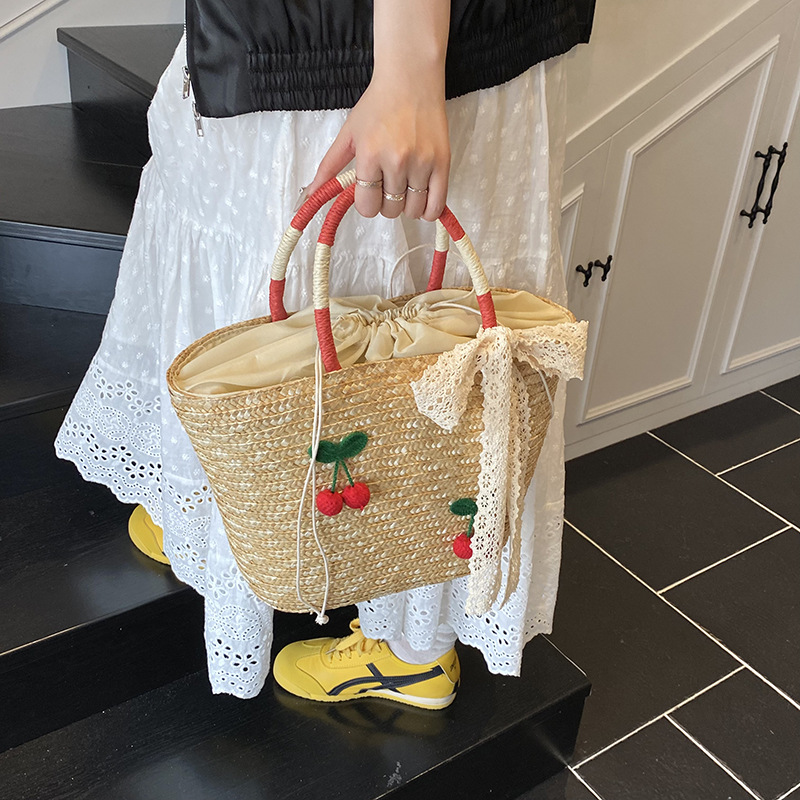 2025 New summer hand-woven beach vacation bag for women, fashionable lace bow, large capacity handbag Specification drawing