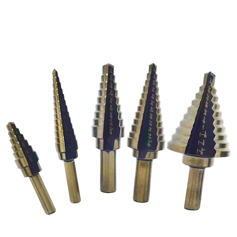 5PCS British standard black and yellow pagoda drill, triangular handle straight groove hole opener and reamer, step drill, ladder drill, aluminum box five-piece set undefined