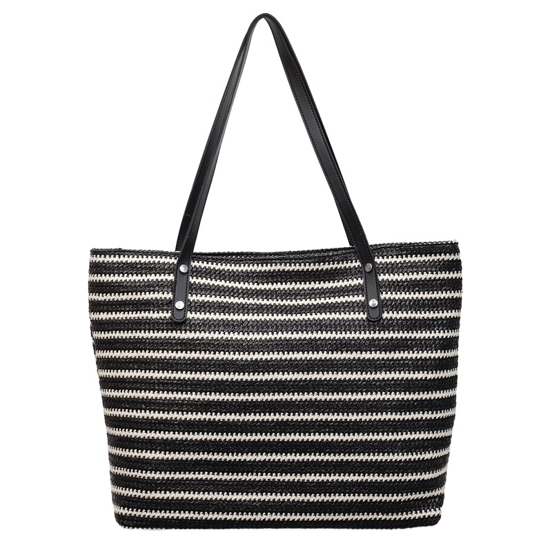 Large-capacity woven bags for women, new trendy flash checkered straw woven bags, shoulder bags, casual hand-held tote bags Item Picture