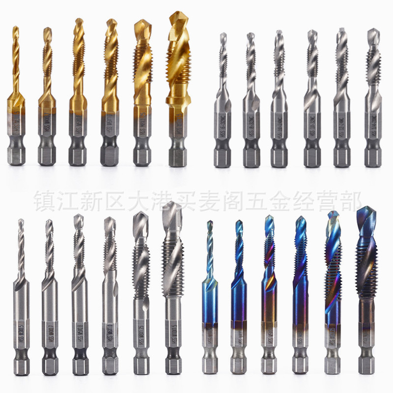 High-speed steel hexagonal handle drill, chamfering integrated composite tap drill bit, three-in-one screw machine tap M3-M10 details Picture