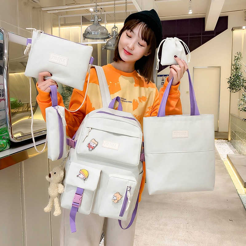 Wholesale of five-piece Korean style canvas backpacks for college students, casual large-capacity backpacks for junior and senior high school students Specification drawing