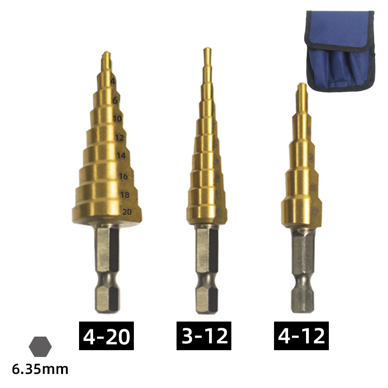 Yunbei hexagonal handle straight groove pagoda drill, triangular handle spiral step drill, iron and aluminum plate wood and plastic hole opening and reaming drill details Picture