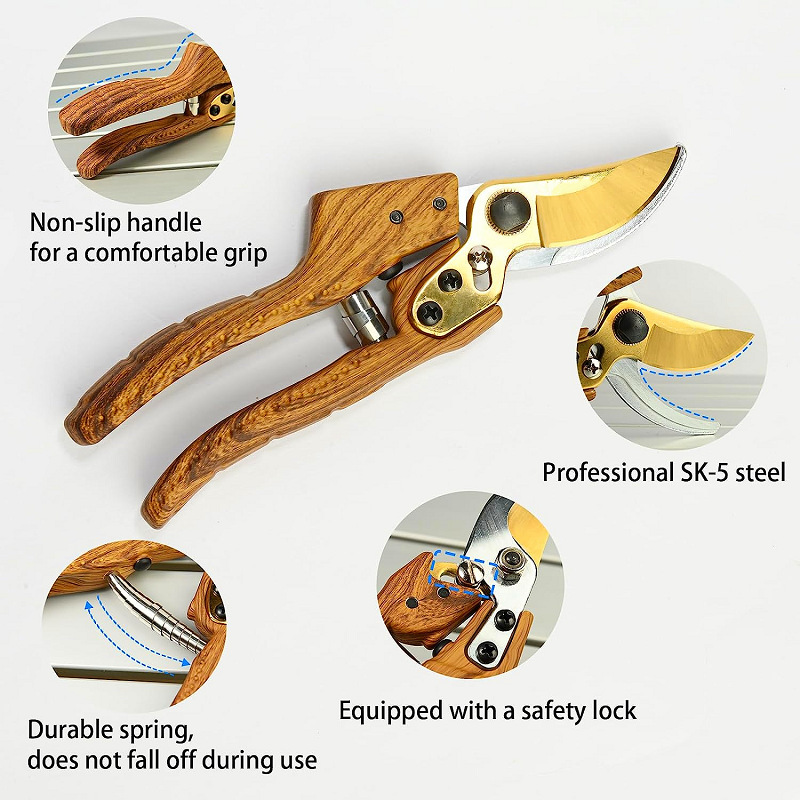 Cross-border SK5 wood grain handle pruning machine, branch pruning, flower branch pruning, garden scissors, fruit picking, potted plant seedlings Specification drawing