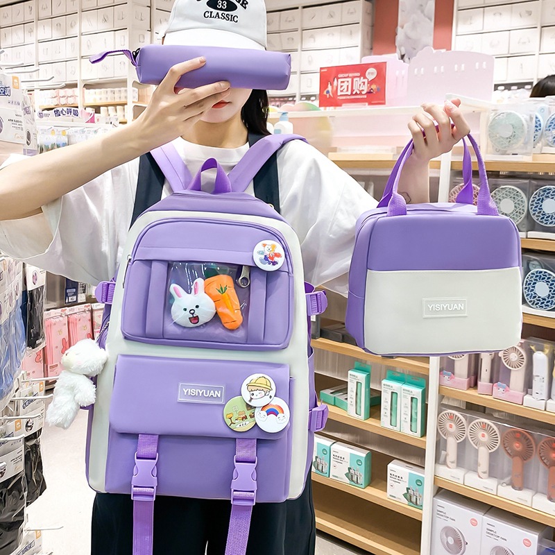New cross-border schoolbag, Korean version large-capacity backpack, casual canvas backpack, female hand-held student insulated bag, meal bag full figure