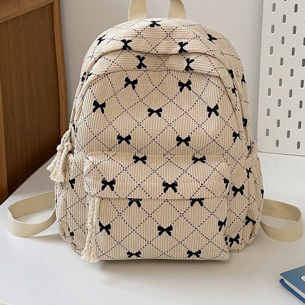 Autumn and winter corduroy schoolbags for girls, simple and versatile backpacks, bow-shaped small bags, lightweight travel backpacks details Picture