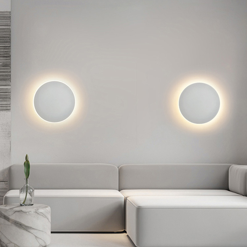 Nordic minimalist bedroom bedside lamp, modern minimalist corridor staircase wall background wall light, round led wall lamp touch details Picture