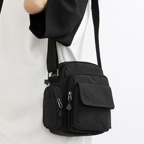 Korean-style casual and versatile waterproof nylon small square bag for men and women, lightweight mobile phone bag, multi-pocket commuting crossbody bag details Picture