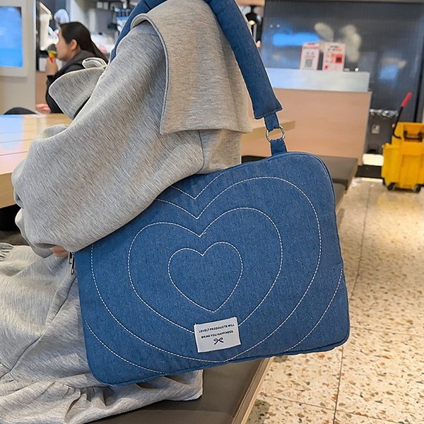 Korean ins washed denim embroidered single-shoulder laptop bag, 14-inch notebook bag details Picture