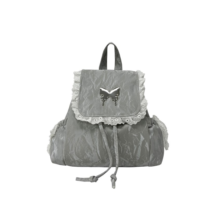 A new French lace pleated lace backpack for autumn and winter, a cute and unique butterfly drawstring backpack for young girls Item Picture