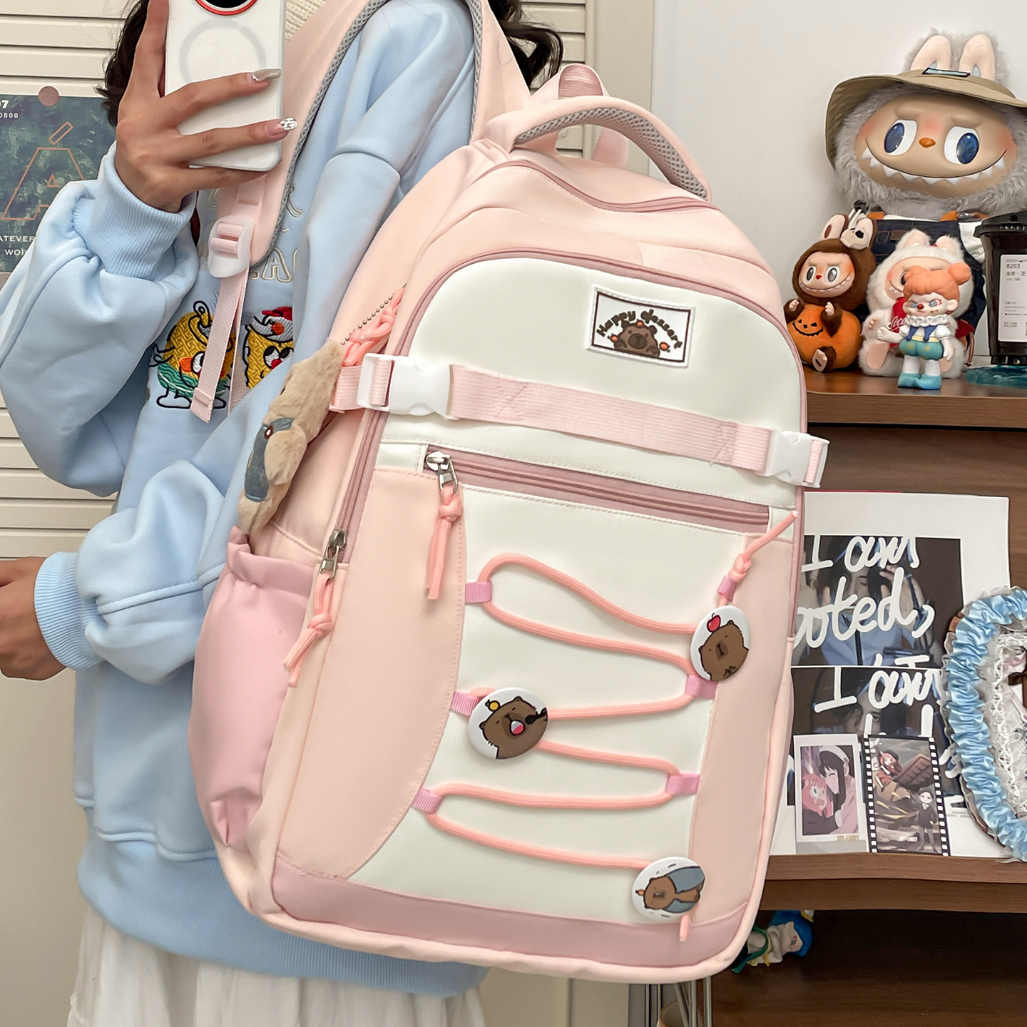 The new Japanese and Korean student schoolbag with printed capibara large-capacity backpack is lightweight, cute and simple Specification drawing