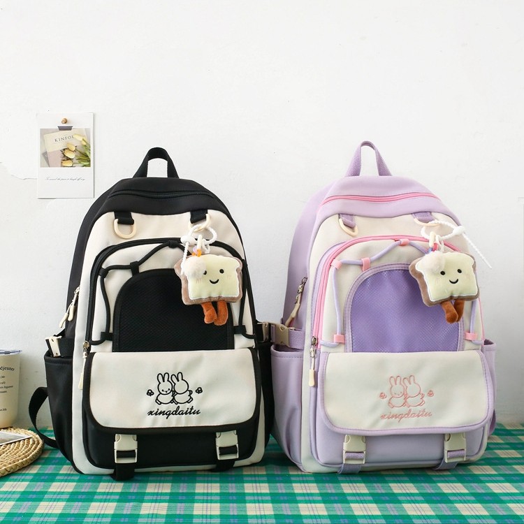 Cute color-blocking backpack, large capacity, high-end and simple, lightweight and fashionable backpack for female college students, junior and senior high school schoolbags Specification drawing