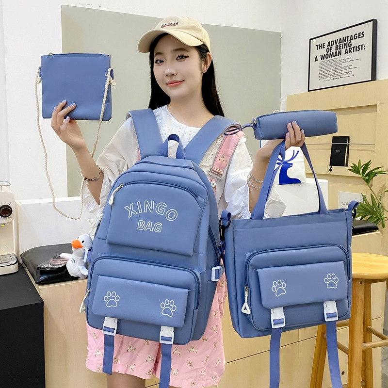 Four-piece Korean-style schoolbag for girls, solid-color printed schoolbag, simple and large-capacity backrest backpack for junior high school students Specification drawing
