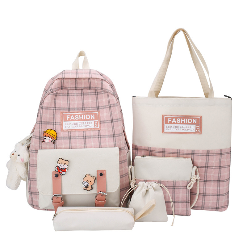 New cute checkered middle school schoolbag, girls' five-piece backpack, casual college students' canvas backpack, cross-border Item Picture
