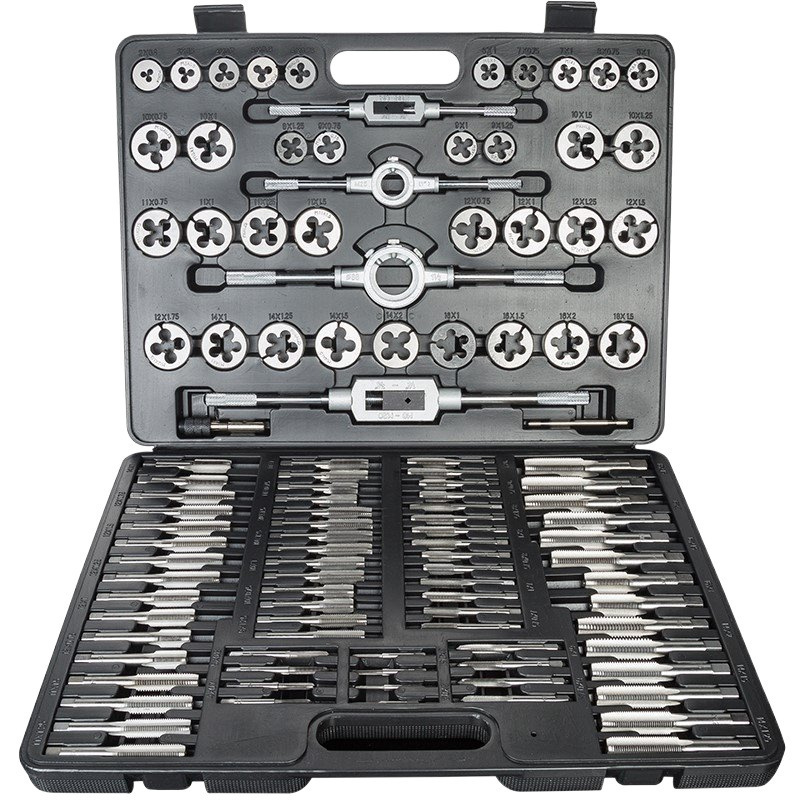 60 pieces and 110 pieces of tap die thread steel sets, metric and imperial taps, tapping wrenches and winches are used for assembly Item Picture