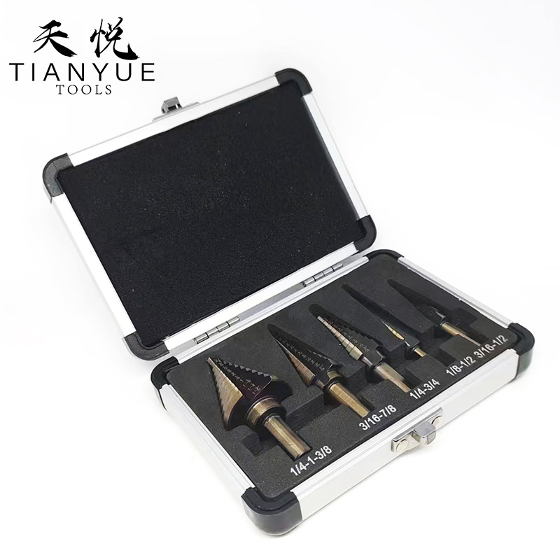 5PCS British standard black and yellow pagoda drill, triangular handle straight groove hole opener and reamer, step drill, ladder drill, aluminum box five-piece set Application Scenario