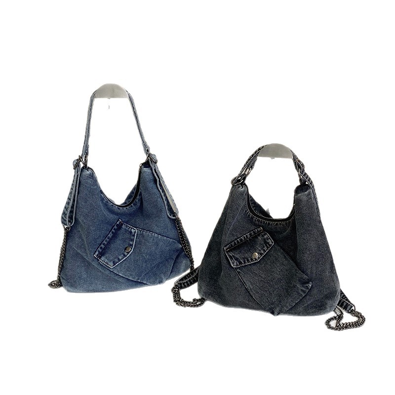 A laid-back washed denim tote bag for women, a new hot girl handbag that catches the eye, a retro large-capacity single-shoulder bag Item Picture